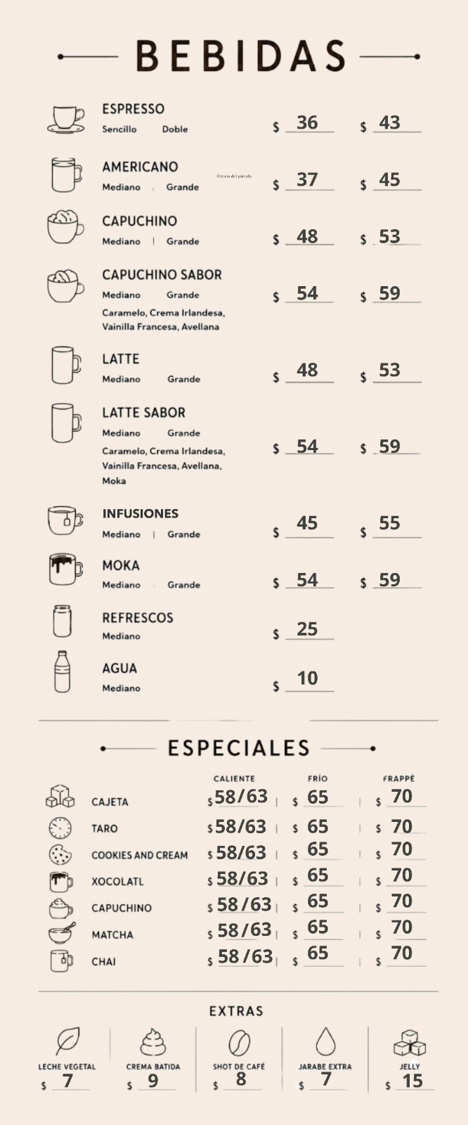 Menú de bebidas y especiales de Respiro Café